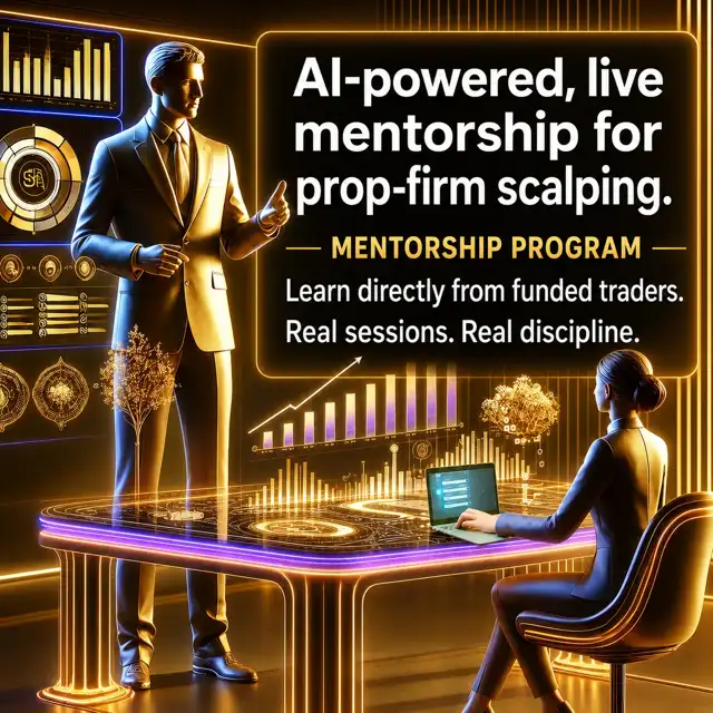 Scalping Wolf Live mentorship programme advert showing a mentor and trader in a gold trading workspace. Text reads: AI-powered, live mentorship for prop-firm scalping. Learn directly from funded traders. Real sessions. Real discipline.